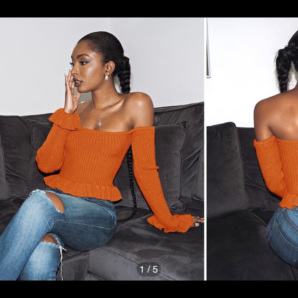 Orange Off Shoulder Ruffle Trim Rib-Knit Sweater